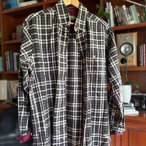 Orvis Plaid Button-Down Shirt – Olive/Black/White with Red Accent (Size Medium)